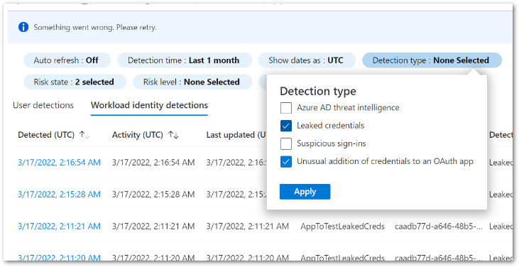 "リスク検出" レポートの "ユーザー検出" と "ワークロード ID 検出" タブのフィルターに追加された新しい検出機能の一例
