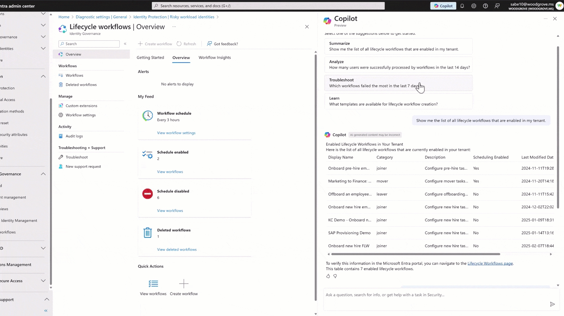 ここでは、ID の管理者が Security Copilot に対しテナントで有効になっているライフサイクル ワークフローの一覧を表示するようプロンプトを与えた際の様子を確認いただけます。
