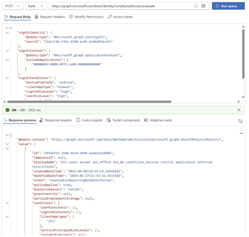 図 4: 条件付きアクセス What-if API を使用した Graph API Explorer の結果例