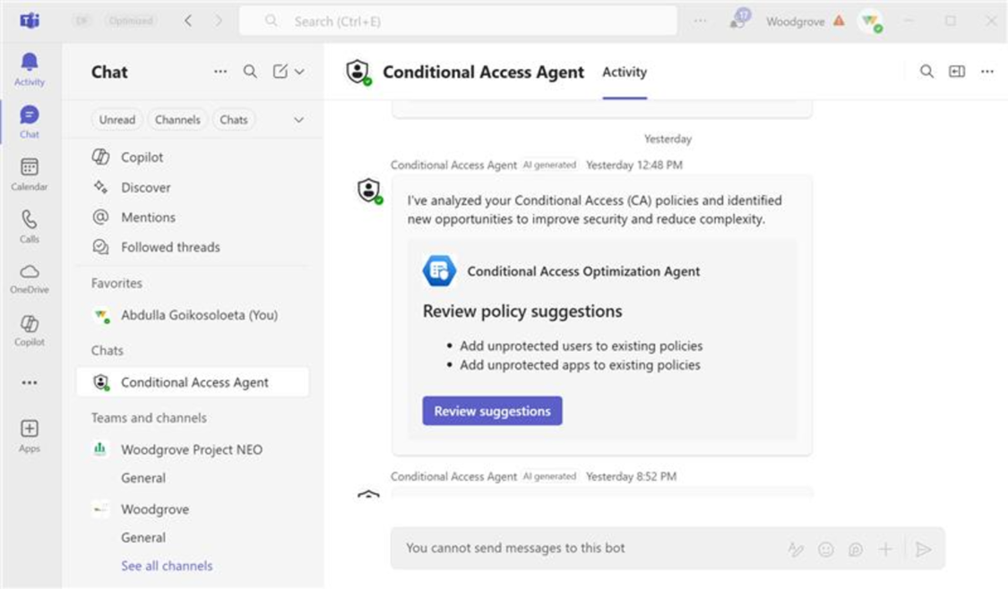 Microsoft Teams のアラートにより、条件付きアクセスの最適化エージェントの提案にチームが迅速に対応できるようになります。