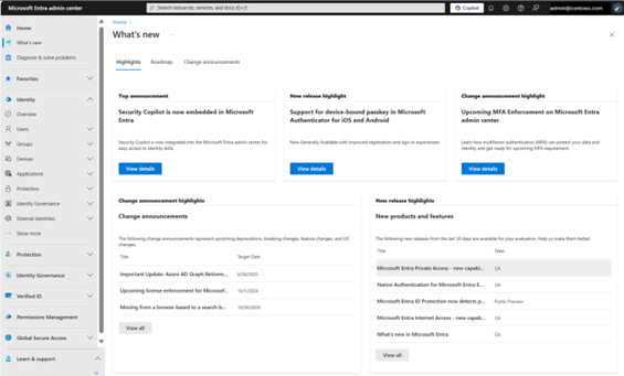 図 6: Microsoft Entra 管理センターの「新着情報」セクションでは、Microsoft Entra 製品の最新の更新情報を一元的に確認できます。 